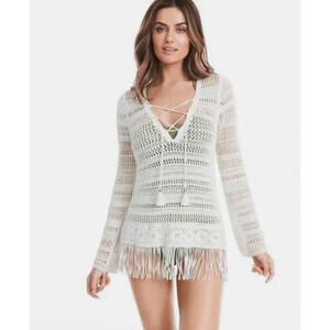 WHBM Lace Up Tunic Fringe Small Tasseled Ivory White House Black‎ Market